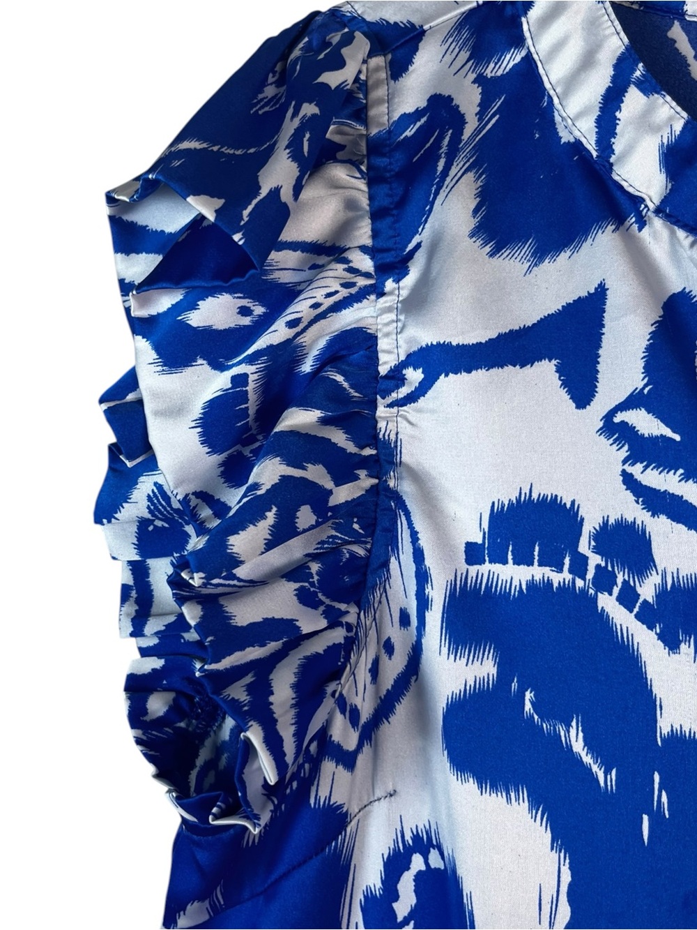 Jodiel Blue and White V-Neck Flutter Sleeve Tiered Swing Dress size L - Picture 9 of 12